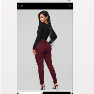 Super High Waist Denim Skinnies - Burgundy